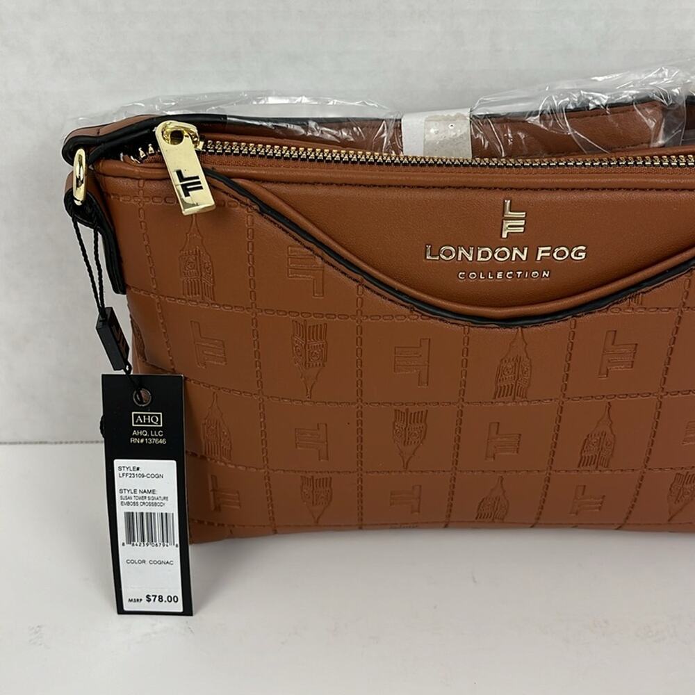 London Fog Susan Tower Signature Embossed Crossbody Bag Cognac Purse Handbag - Picture 3 of 10